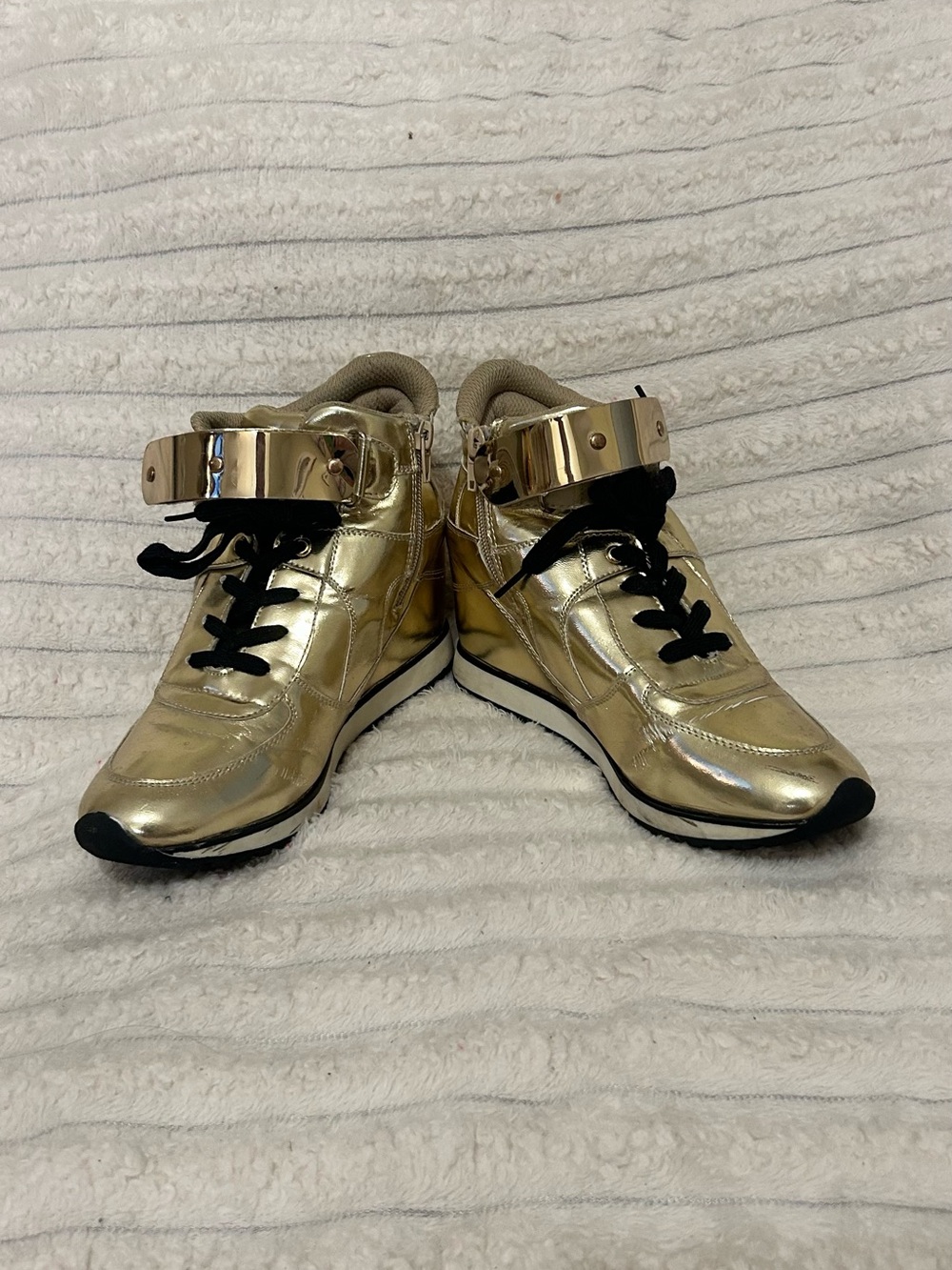 JustFab Metallic Gold High-Top Sneakers with Ankle Strap EUC